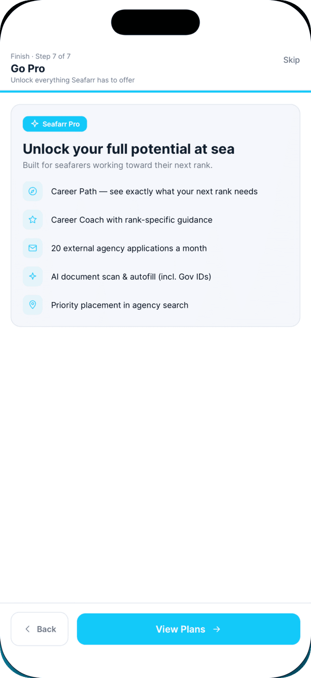 Seafarr app — step 7: Review what Pro adds, then start using the app.