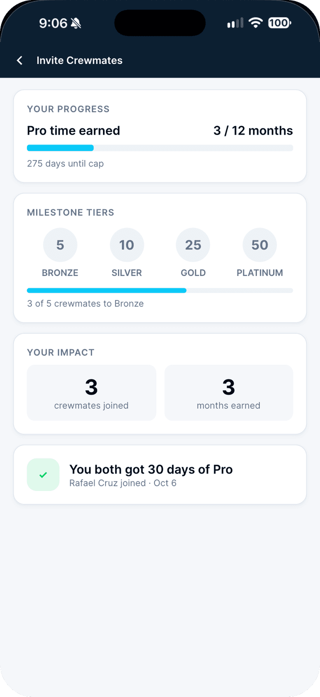 Seafarr app — step 4: After 7 days you both get 30 days of Pro, automatically.
