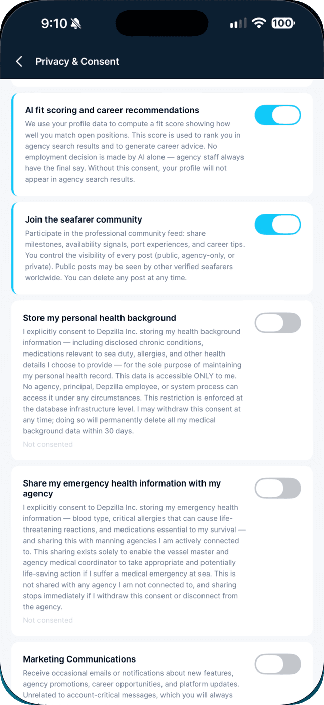 Privacy & Consent settings with per-purpose toggles