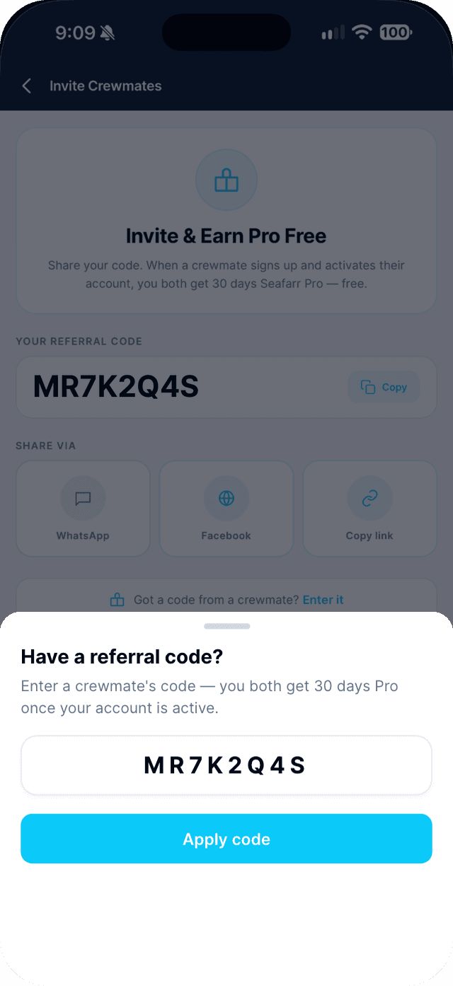 Seafarr app — step 3: Your crewmate enters your code.