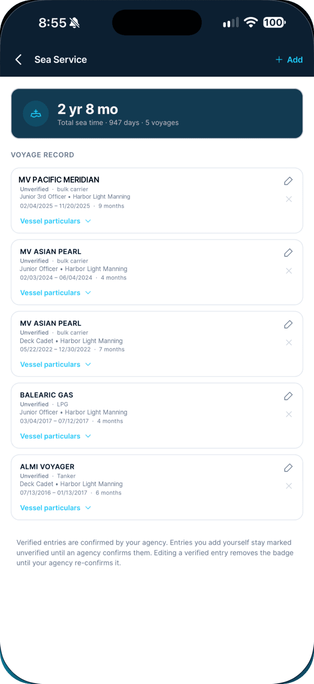 Seafarr app — step 1: Open the Profile tab, tap Sea Service, then Add.