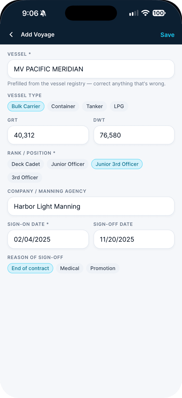 Seafarr app — step 3: Choose your rank, enter your dates, and save.