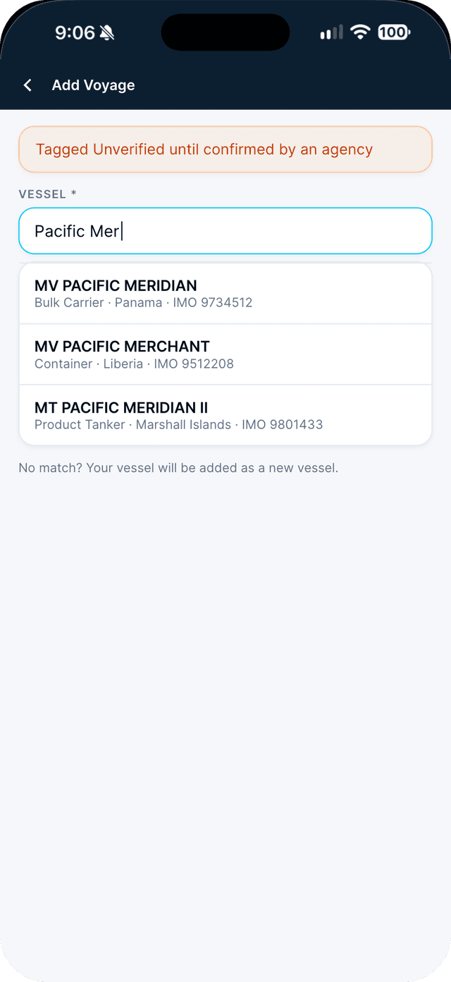Seafarr app — step 2: Search for the vessel by name.