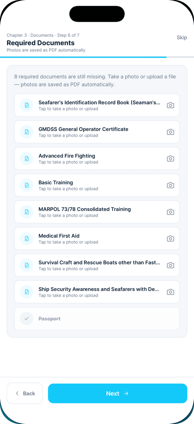 Seafarr app — step 6: Required documents.