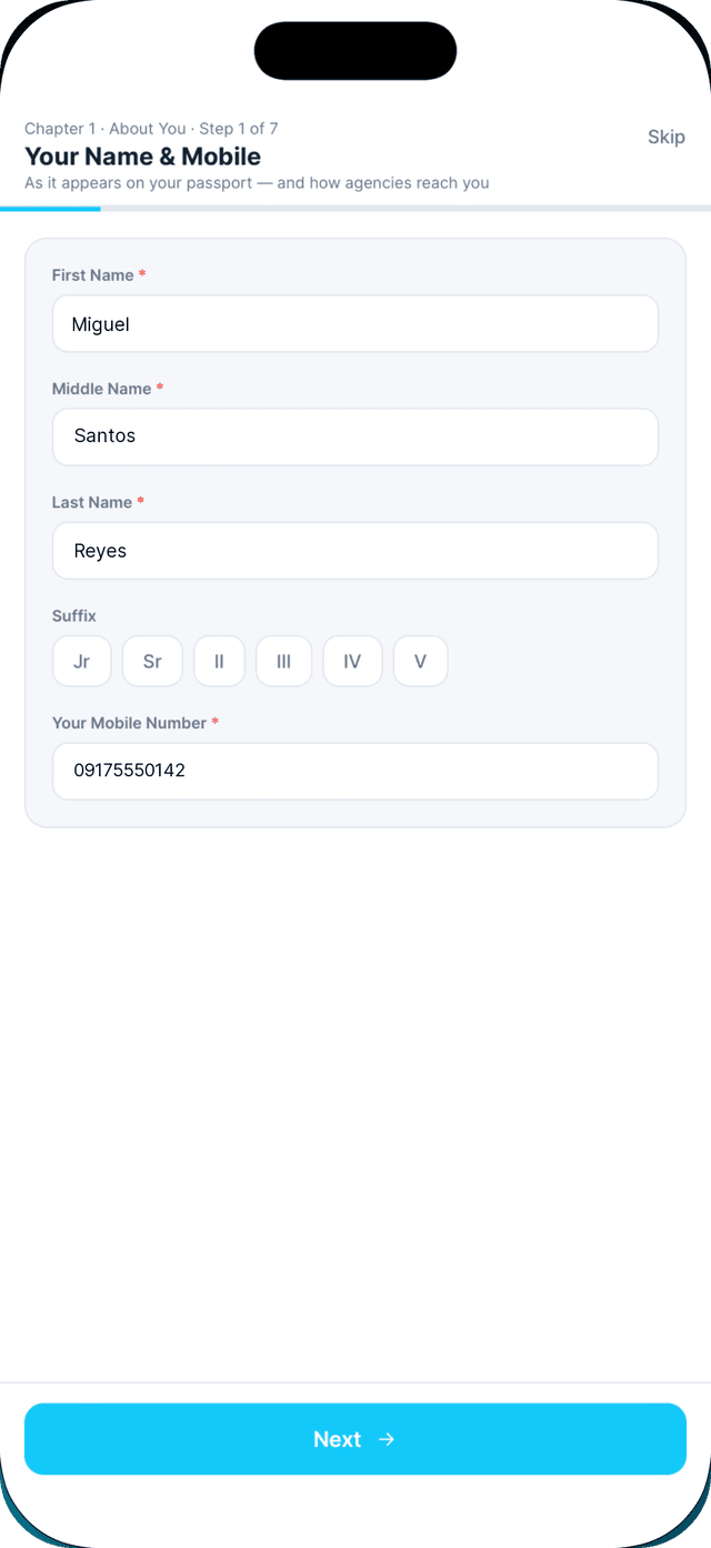 Seafarr app — step 1: Your name and mobile.