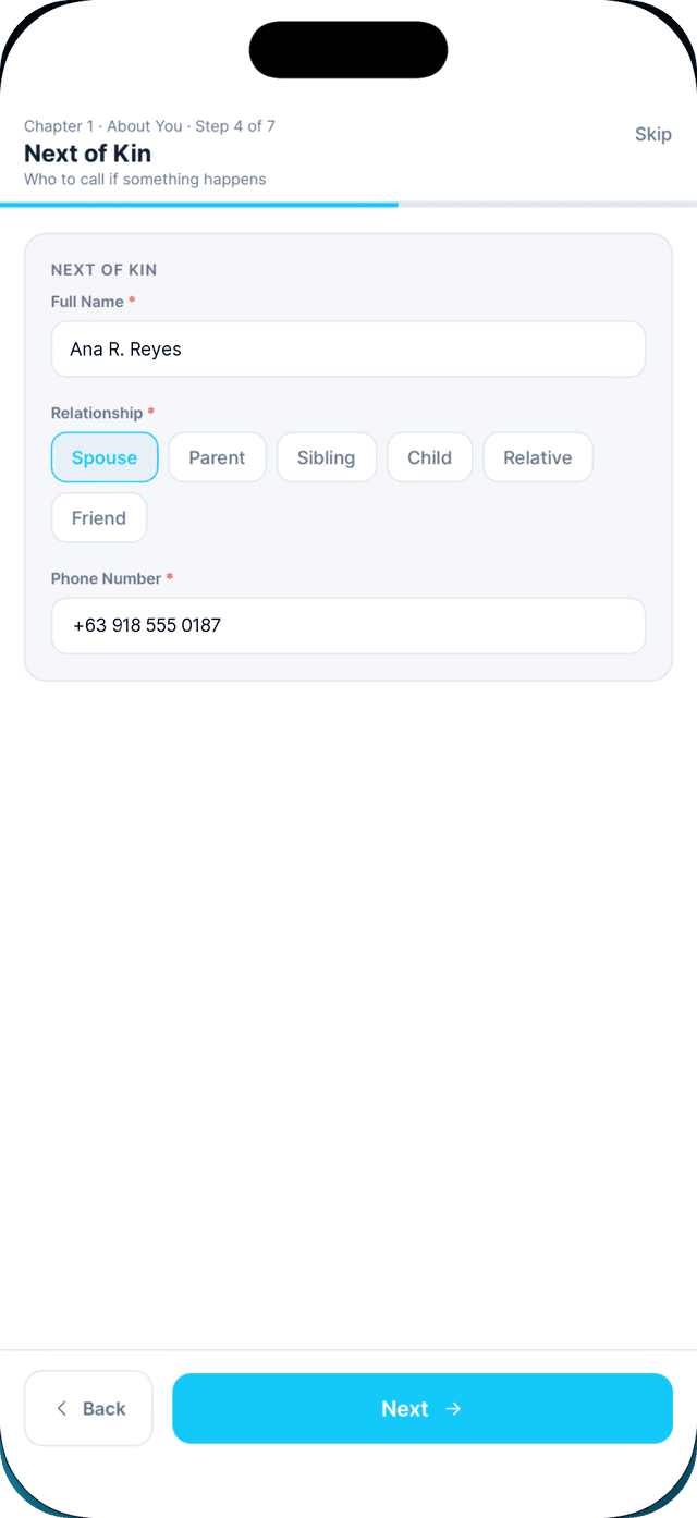 Seafarr app — step 4: Next of kin.