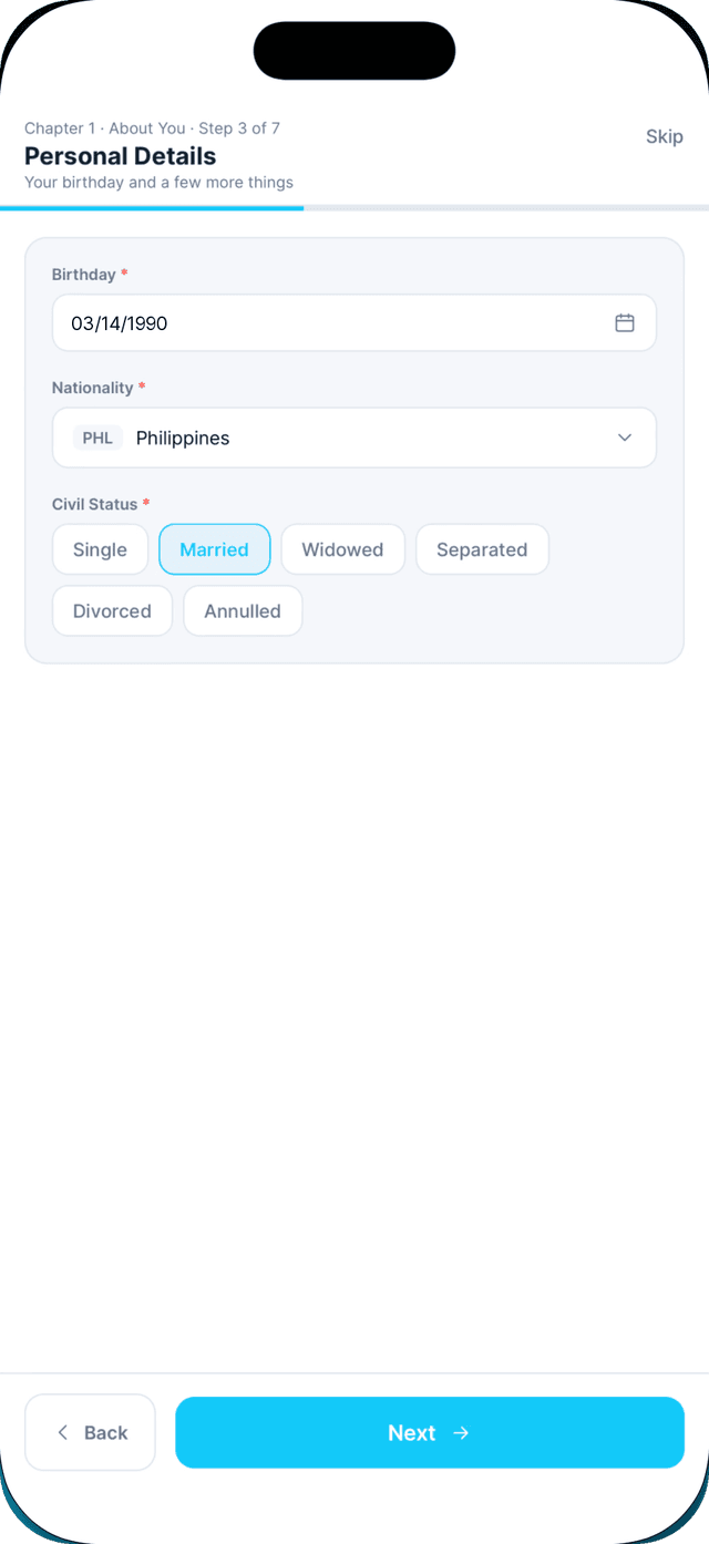 Seafarr app — step 3: Personal details.