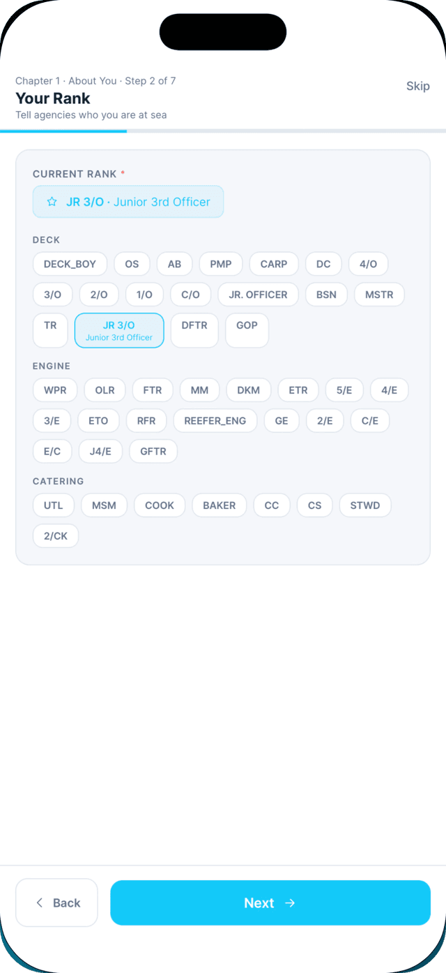 Seafarr app — step 2: Your rank.