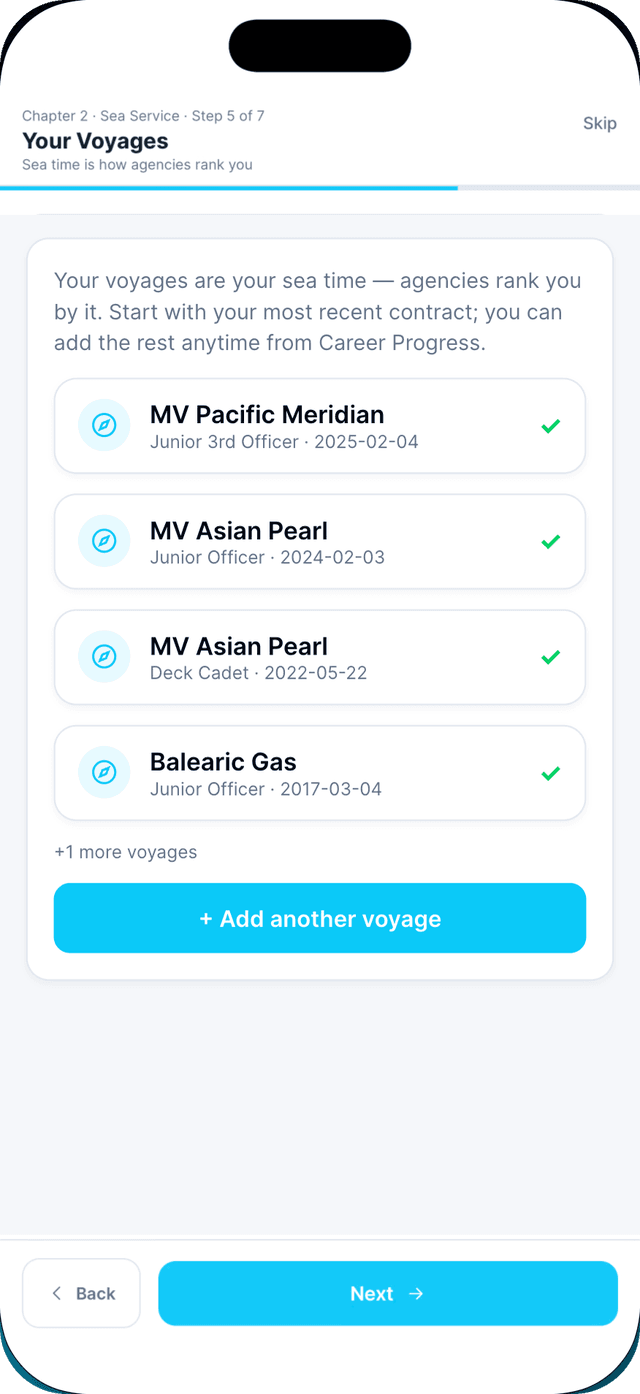 Seafarr app — step 5: Your voyages.
