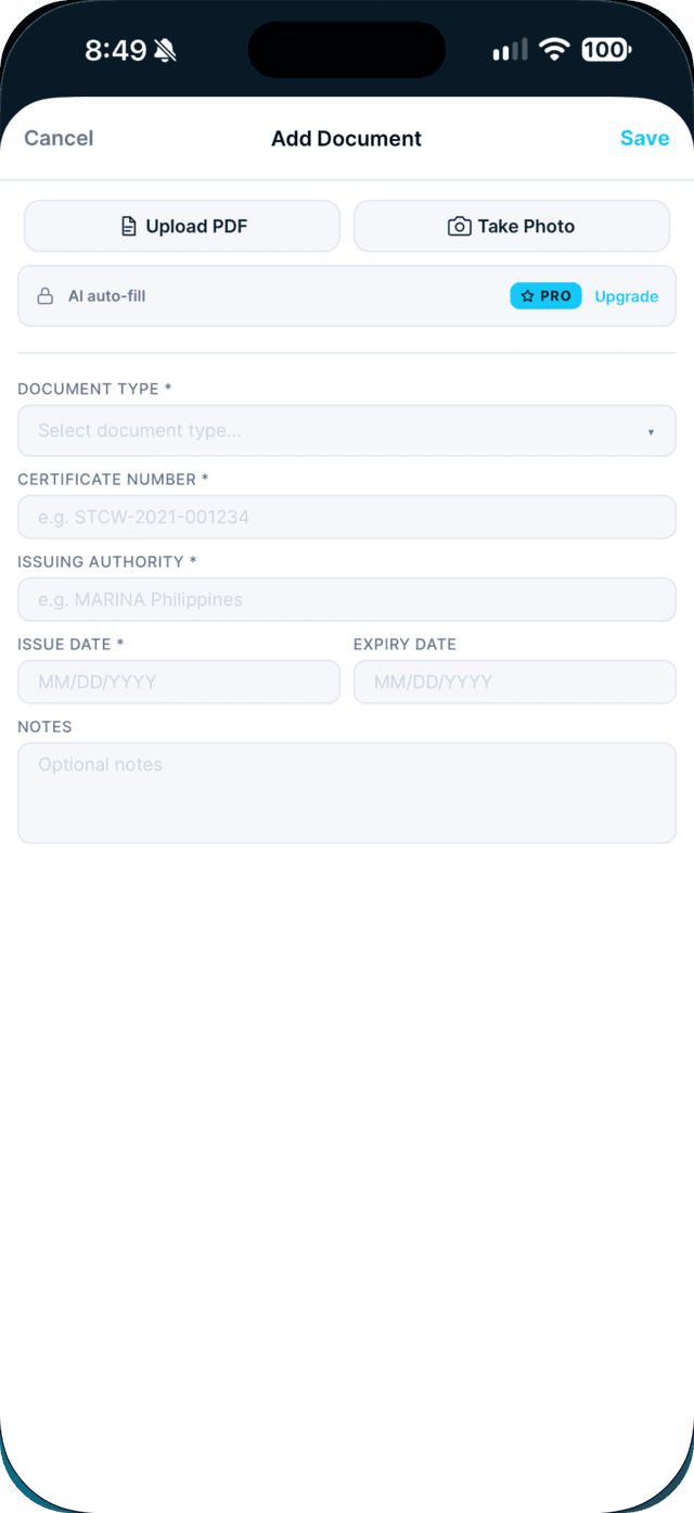 Seafarr app — step 2: Tap Take Photo and photograph the first page.