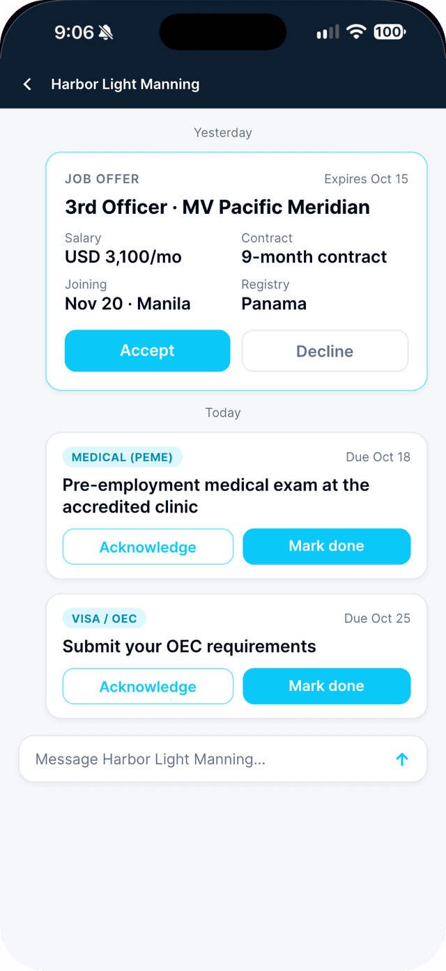 Seafarr app — step 3: Reply from the conversation if you need to confirm anything.