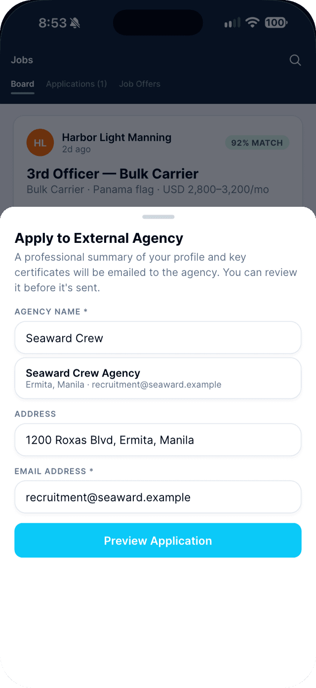 Seafarr app — step 2: Type the agency's name.