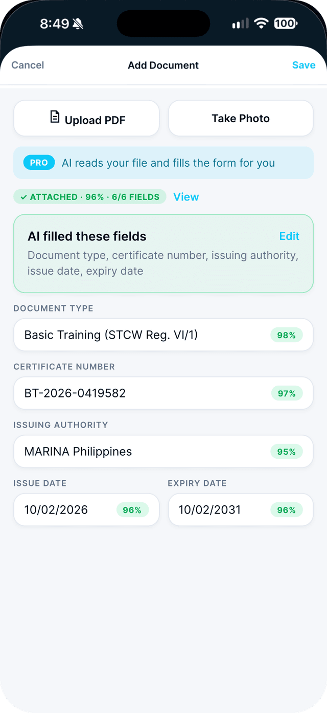 Seafarr app — step 3: Check the fields AI filled, then tap Save.