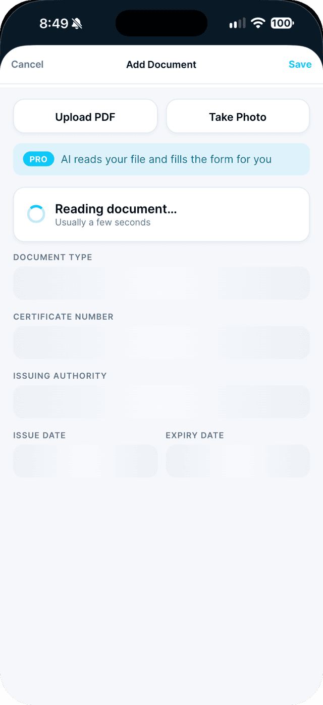 Seafarr app — step 2: Wait a few seconds while it shows "Reading document…".