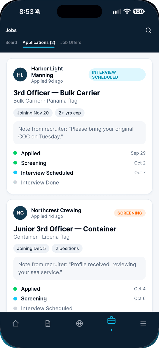 Seafarr app — step 3: Follow it in the Applications tab.
