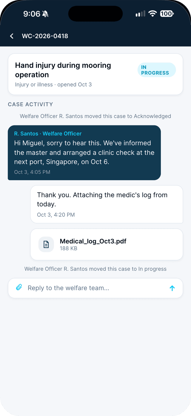 Seafarr app — step 4: Read the welfare officer's replies.
