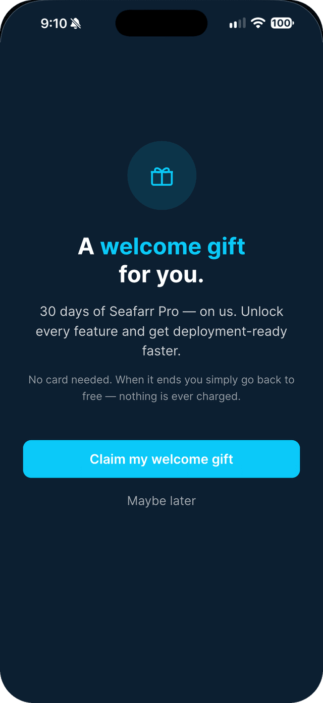 Seafarr app — step 4: Tap Claim my welcome gift.