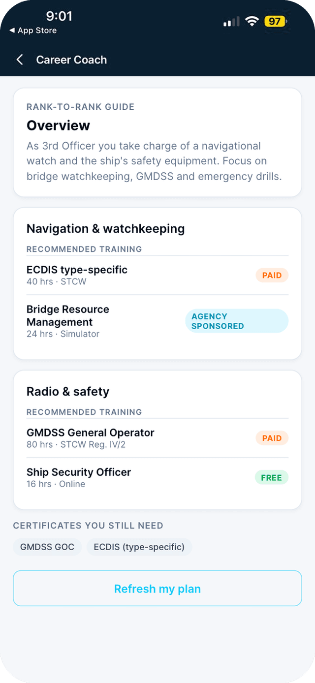 Seafarr app — step 3: Check the recommended training, then refresh your plan as you progress.