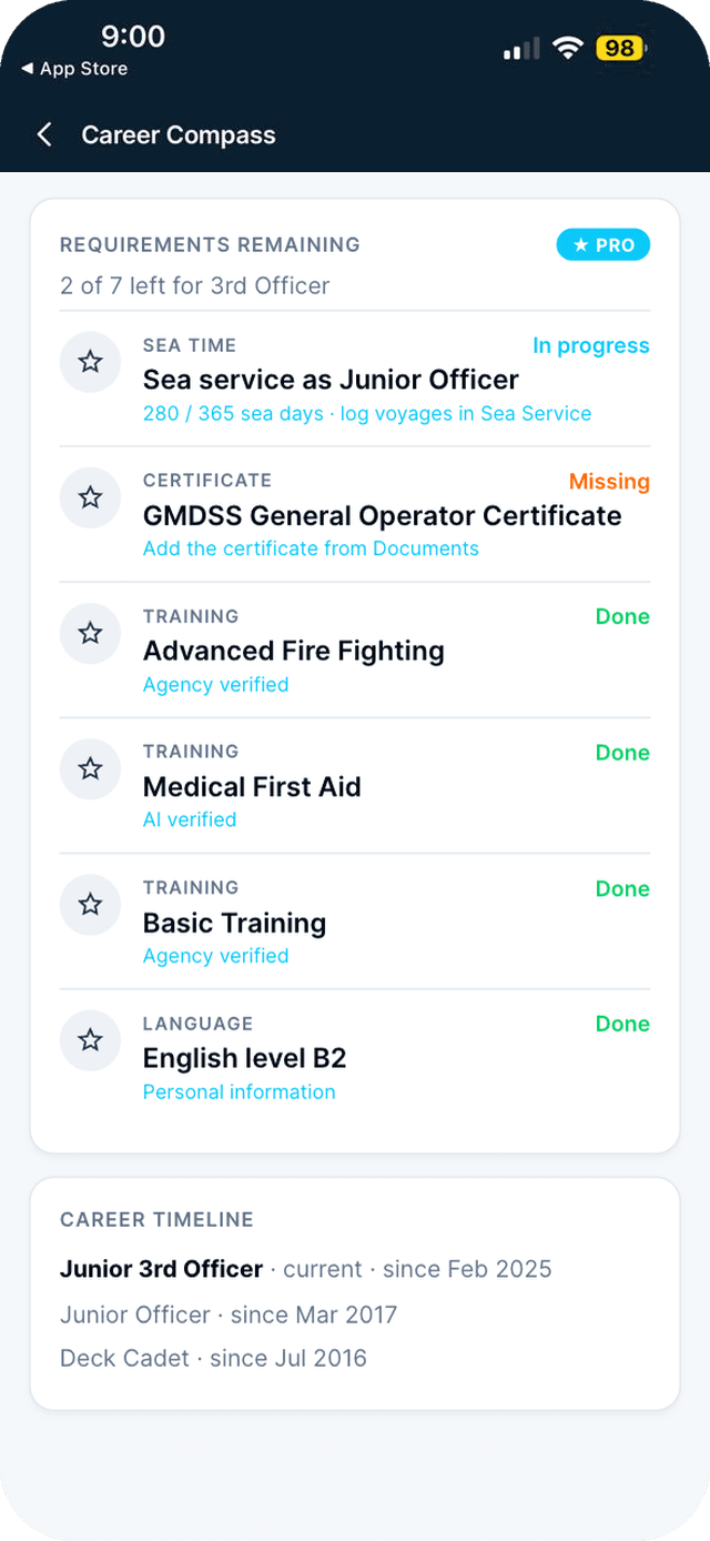 Seafarr app — step 3: Work through Requirements remaining.