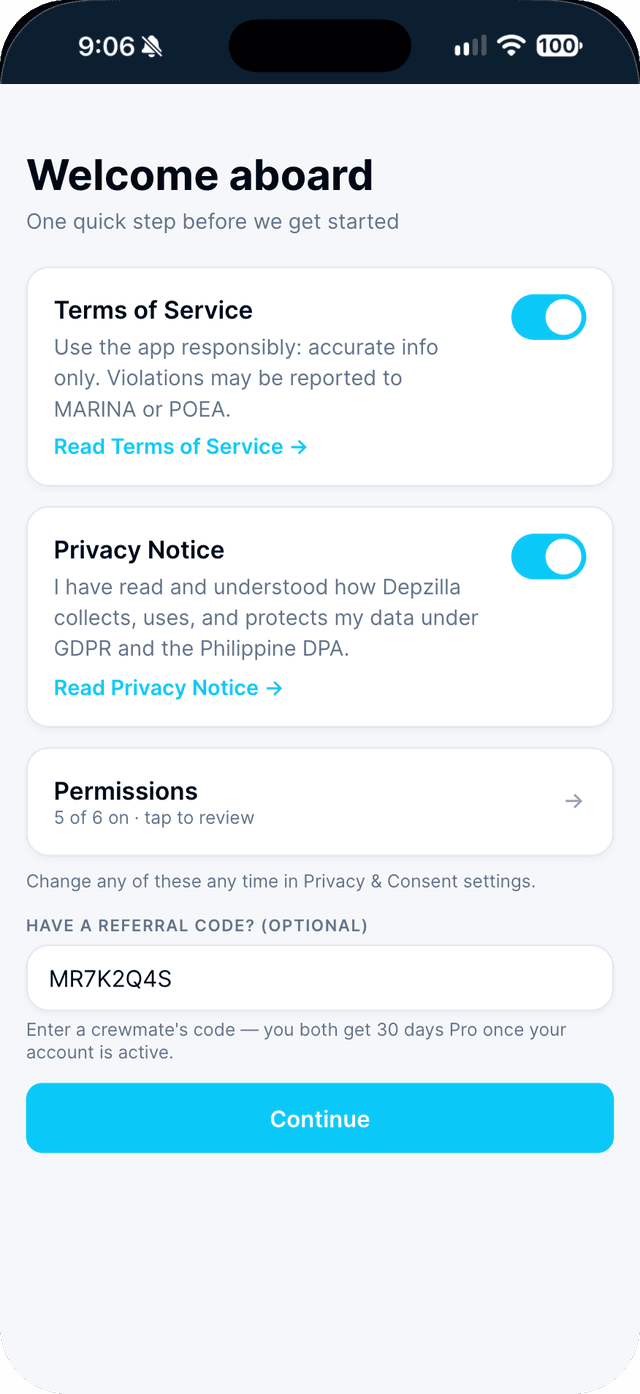 Seafarr app — step 3: Accept the Terms of Service and the Privacy Notice.