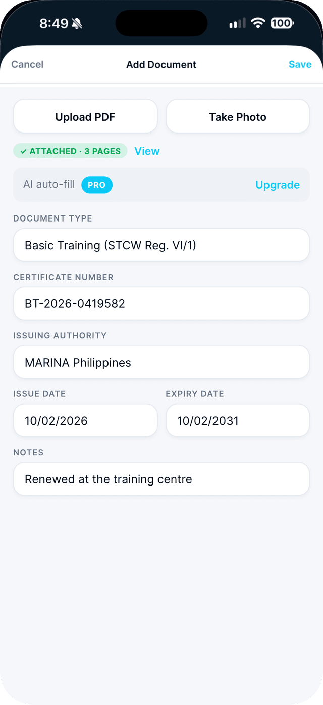 Seafarr app — step 4: Fill in the details and tap Save.