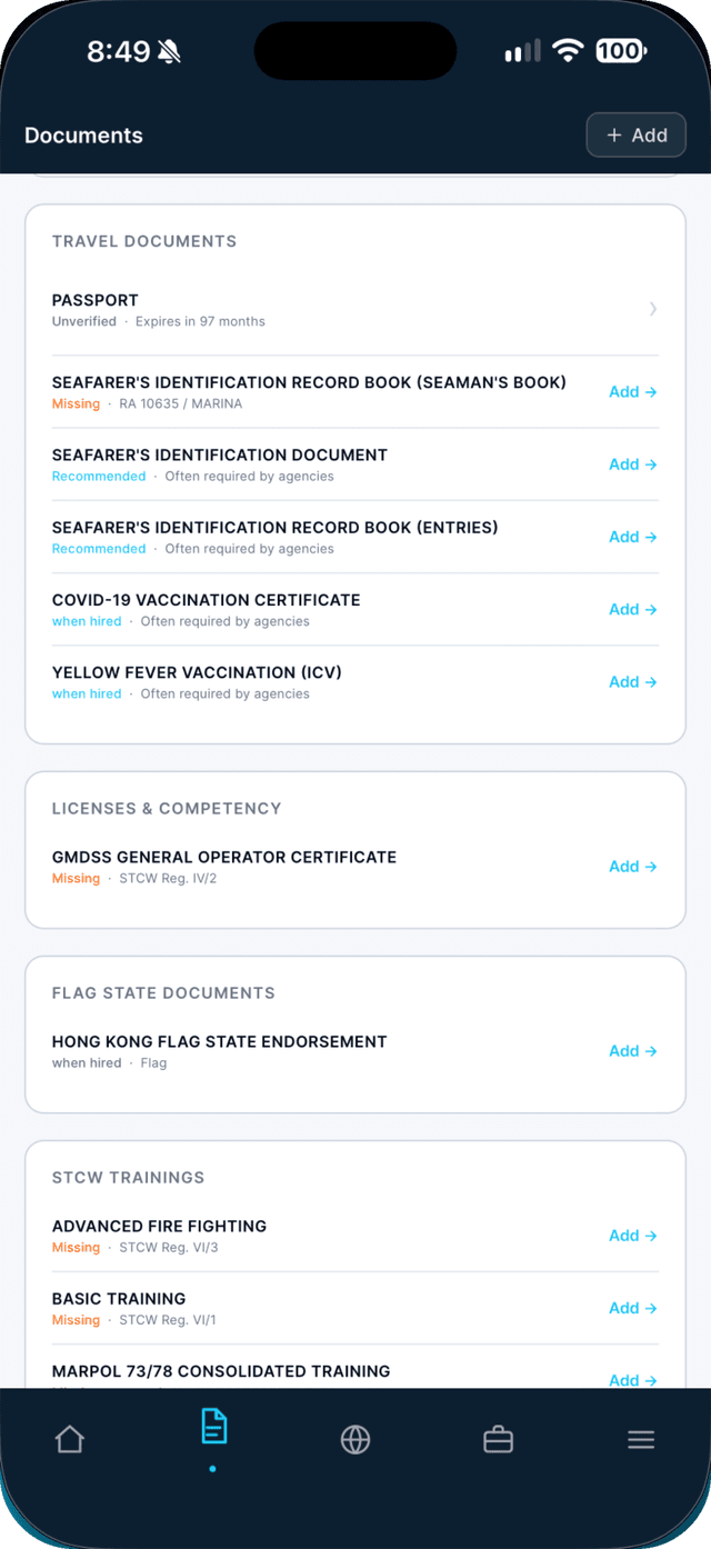 Seafarr app — step 1: Open the Documents tab and tap Add.