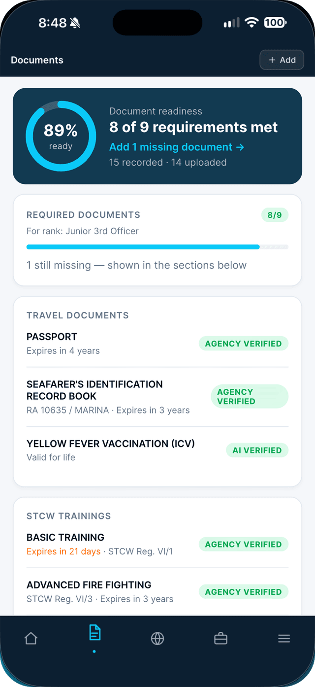 Seafarr Documents screen with the readiness ring