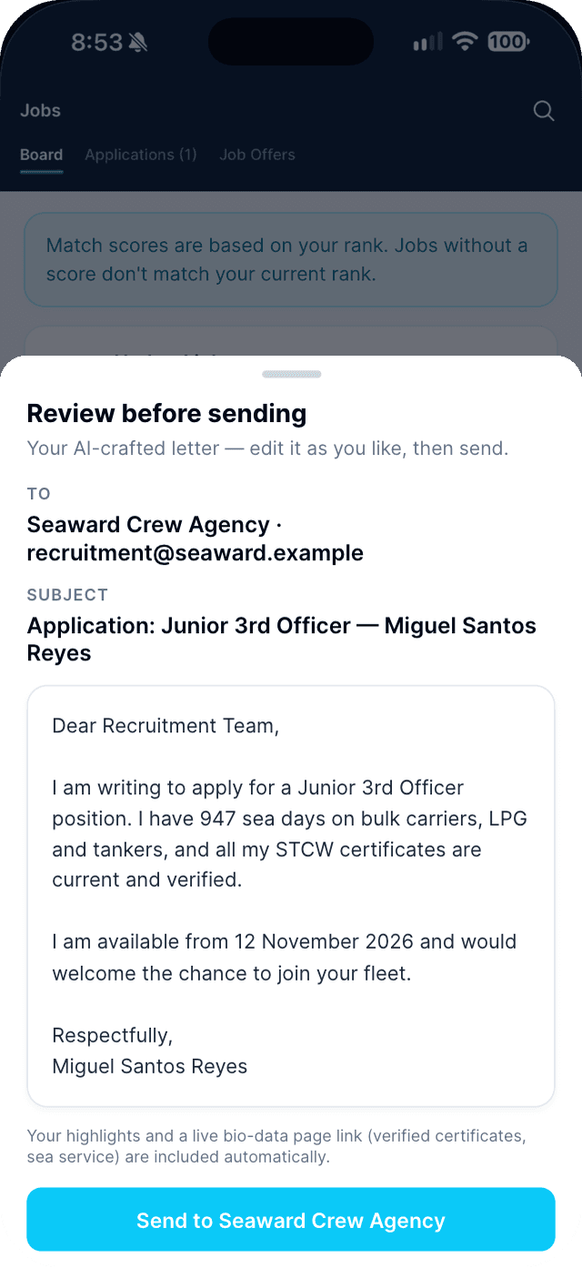 Seafarr app — step 3: Review the letter and tap Send to the agency.