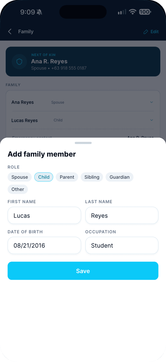 Seafarr app — step 2: Tap Edit, then Add family member.