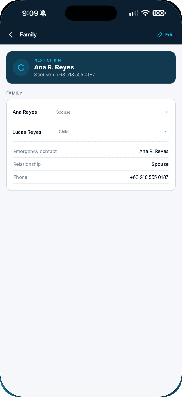 Seafarr app — step 3: Select who to contact in an emergency, then tap Save.