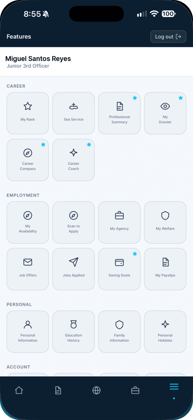 Seafarr app — step 1: Open the Profile tab and tap Scan to Apply.