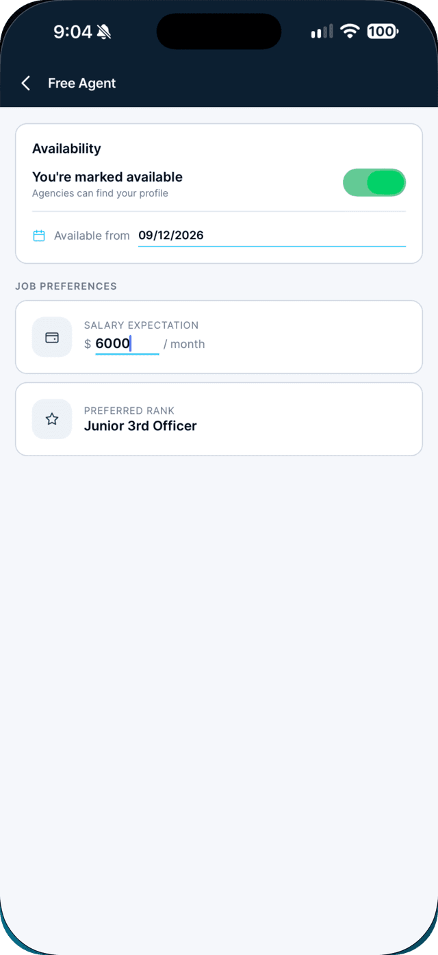 Seafarr app — step 2: Turn on Mark yourself available, and set your date and salary.