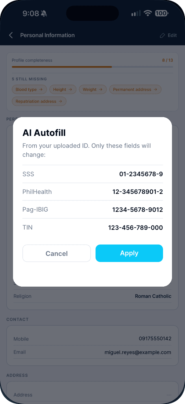 Seafarr app — step 3: Tap AI Autofill, review the changes, then tap Apply and Save.