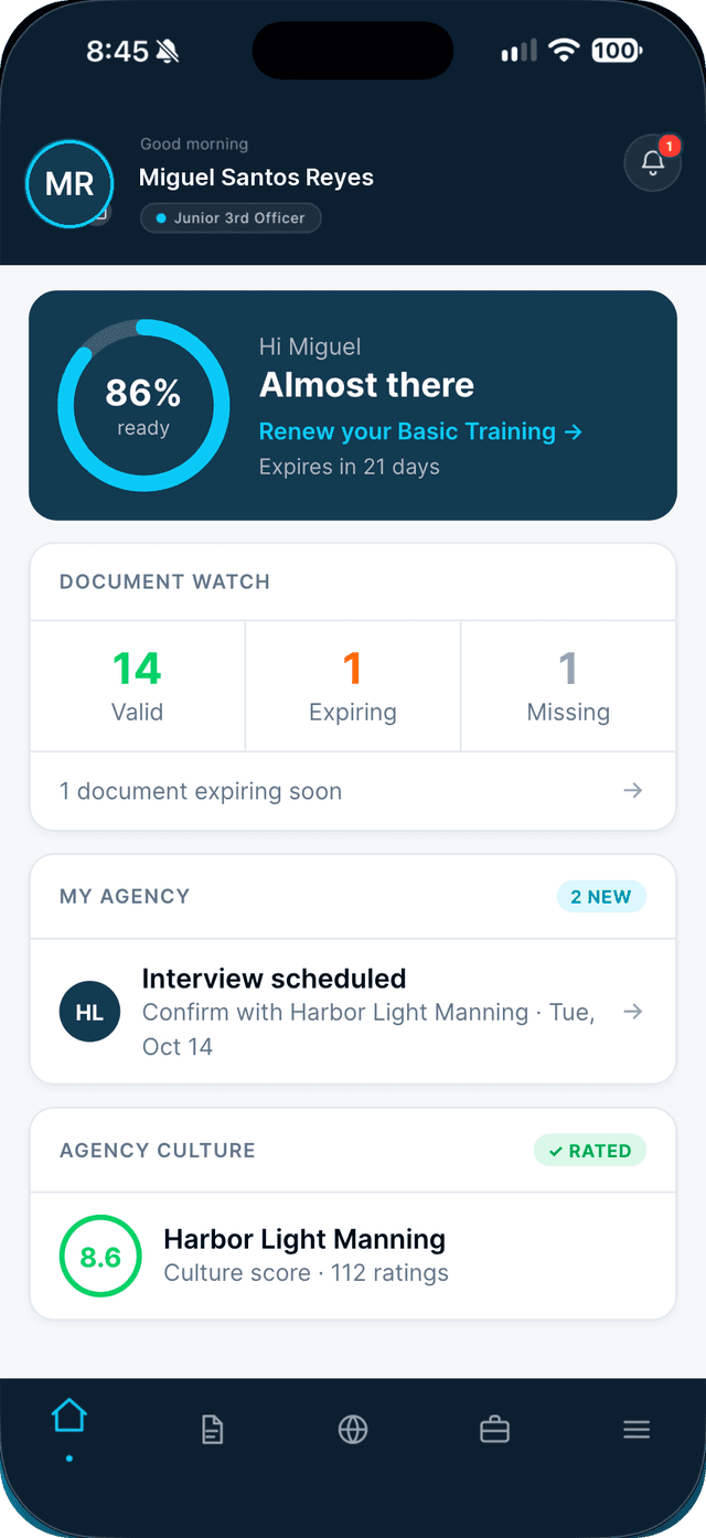 Seafarr Home screen showing readiness, documents and agency status