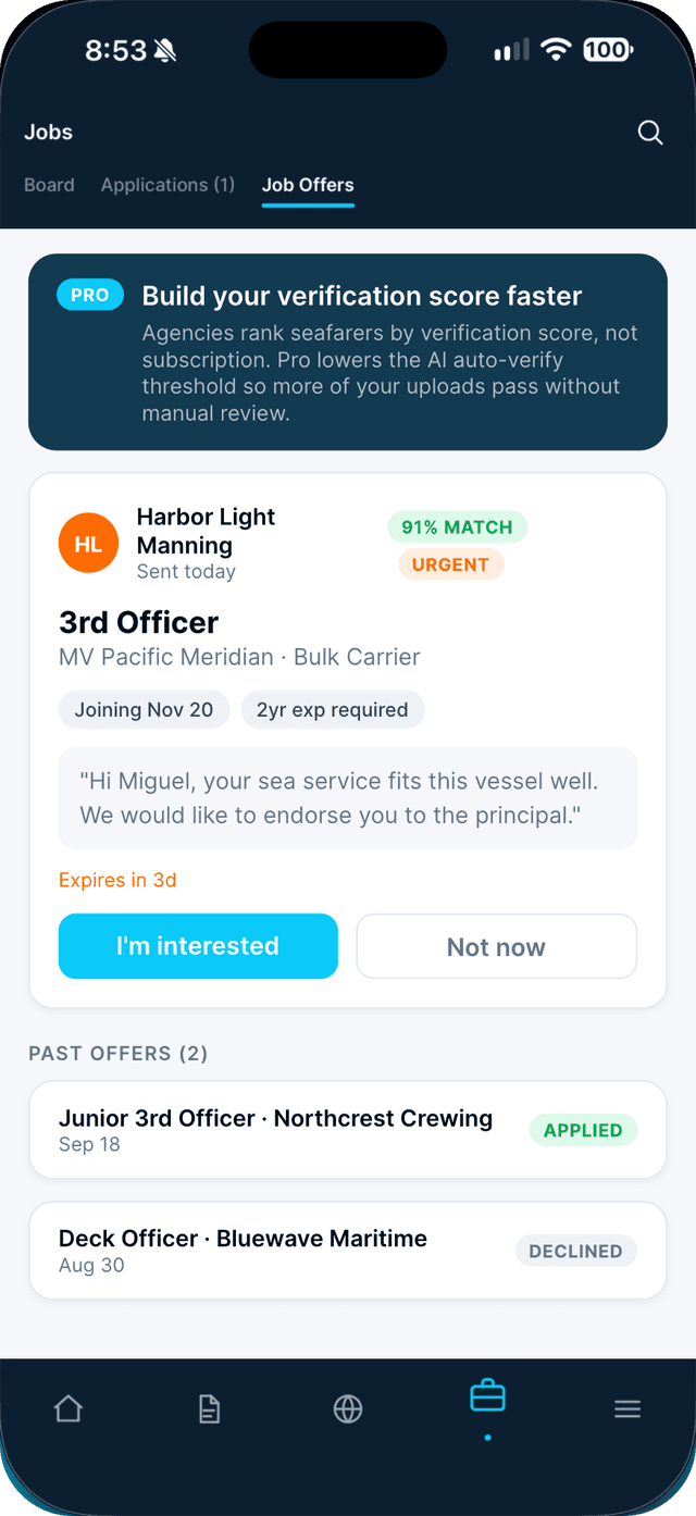 Seafarr app — step 4: Check Job Offers too.