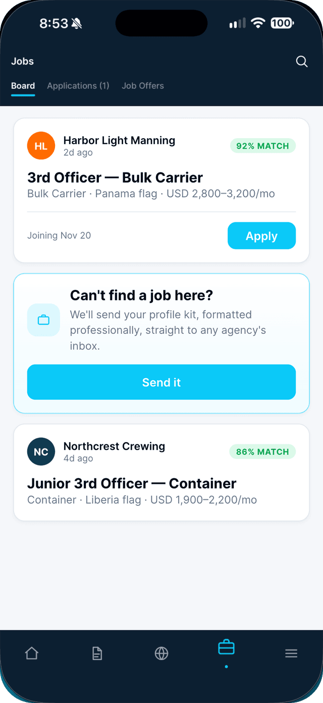 Seafarr app — step 1: In Jobs, find the card "Can't find a job here?" and tap Send it.