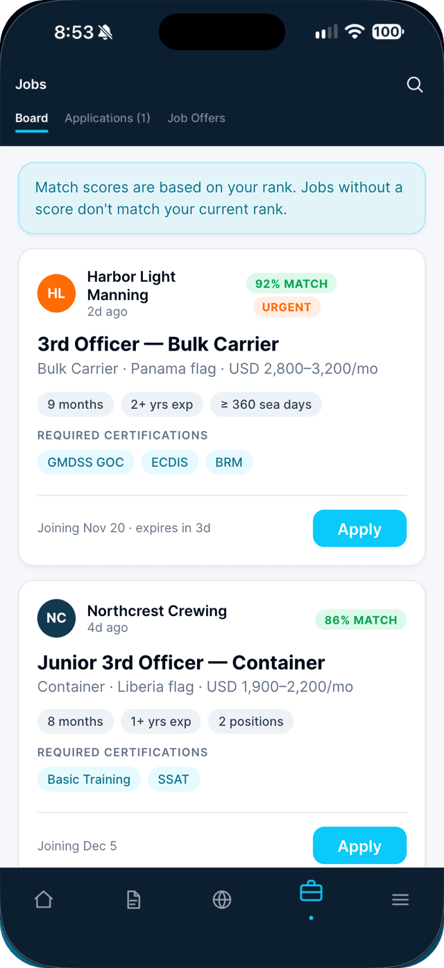 Seafarr job board with match scores and required certifications