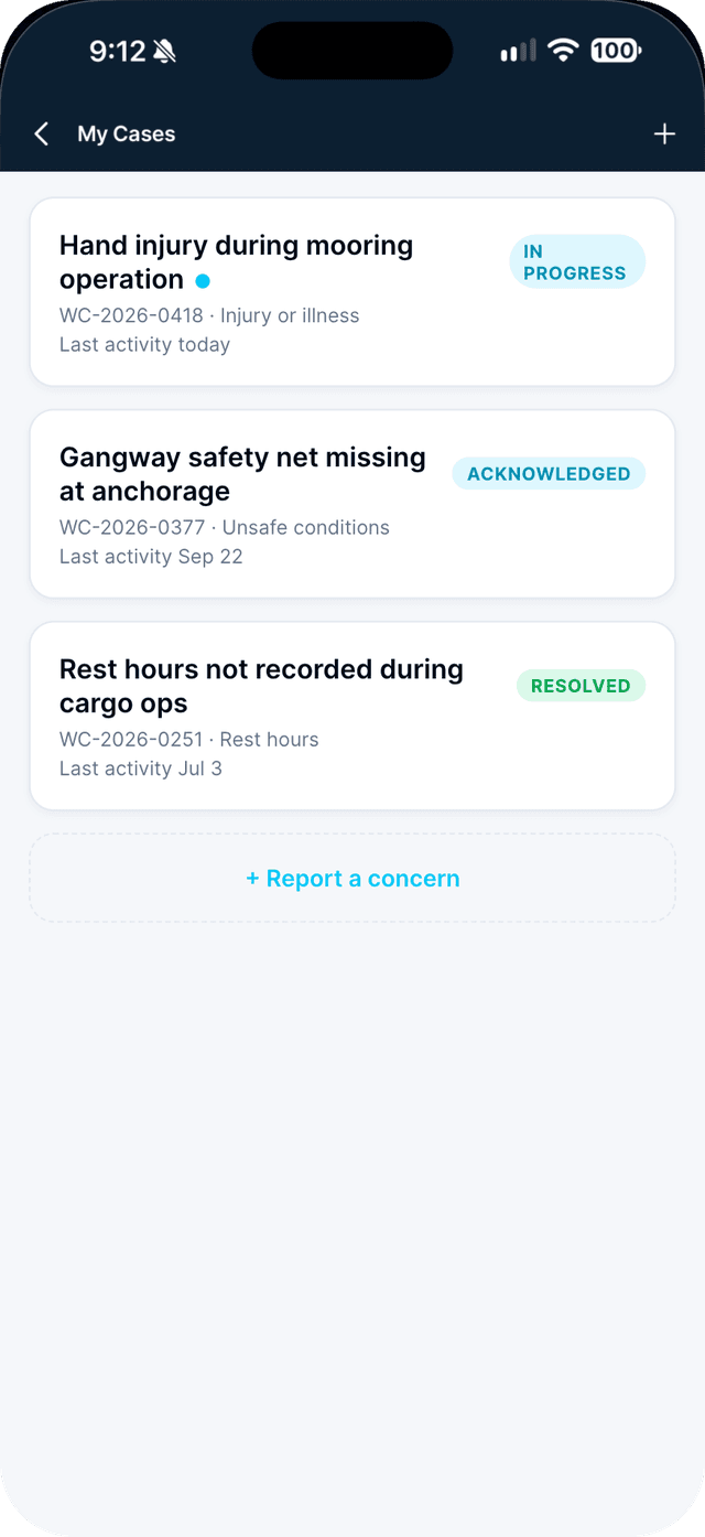 Seafarr app — step 3: Tap Submit concern and follow it in My Cases.