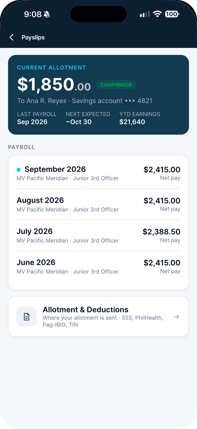 Payslips with the current allotment and monthly net pay
