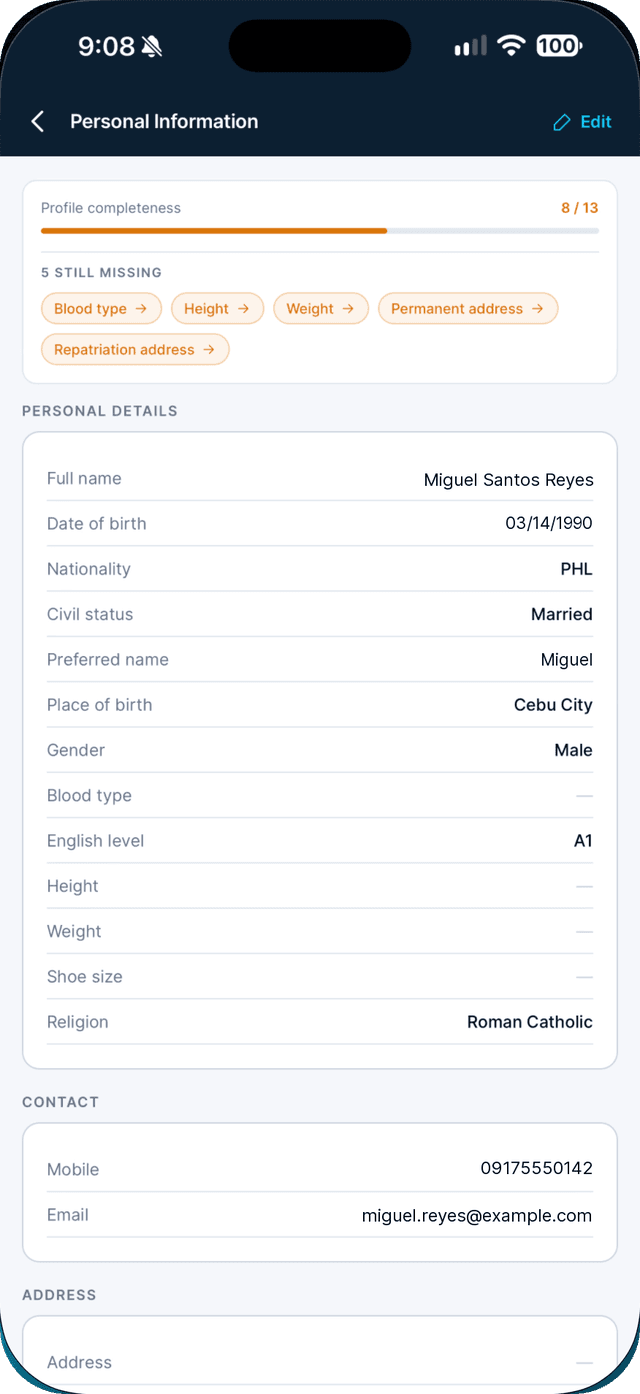 Seafarr app — step 2: Open Profile, then Personal Information, and tap Edit.