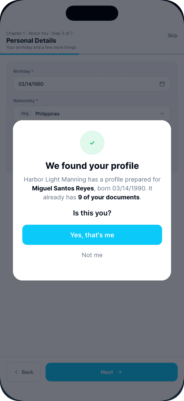 Seafarr app — step 2: Read "We found your profile" and tap Yes, that's me.