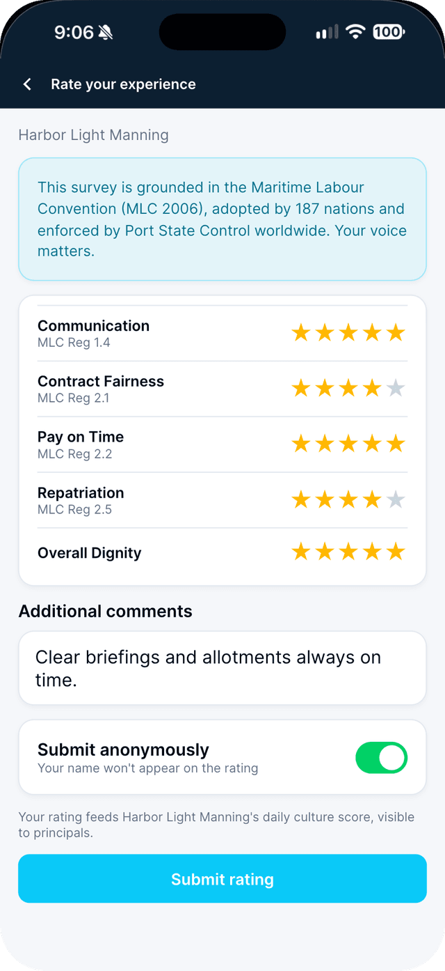 Seafarr app — step 2: Rate the five questions and choose Submit anonymously.