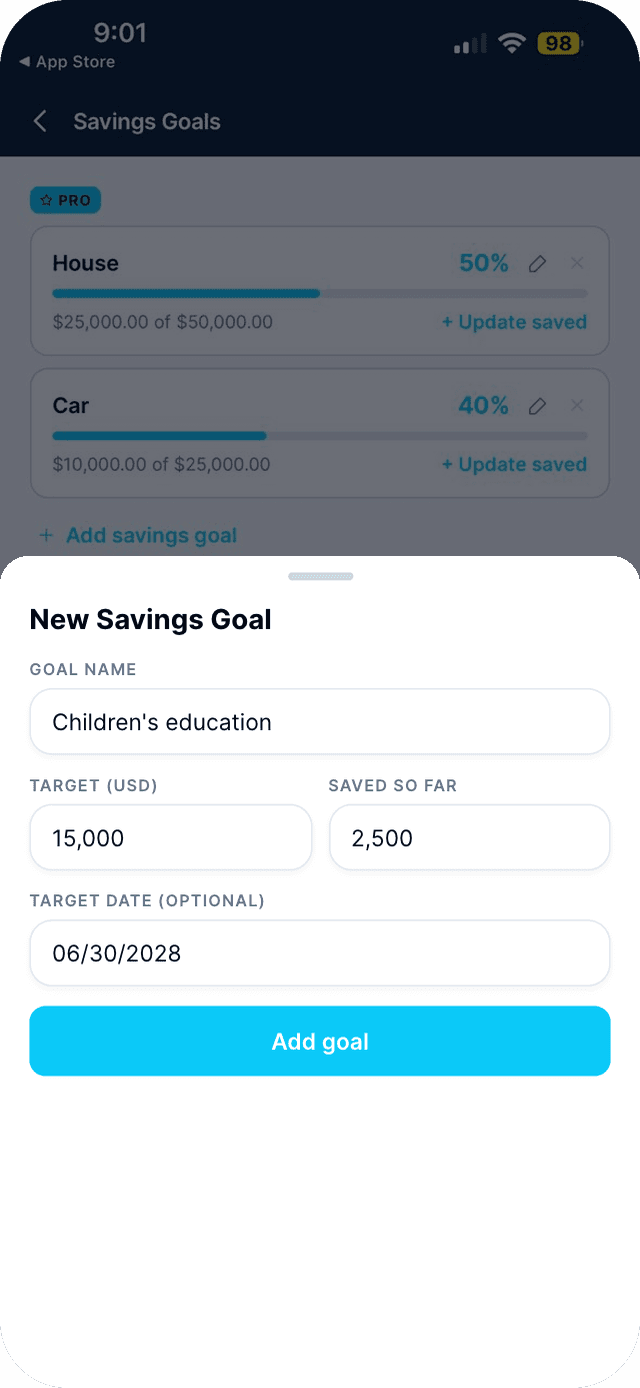Seafarr app — step 2: Tap Add savings goal.