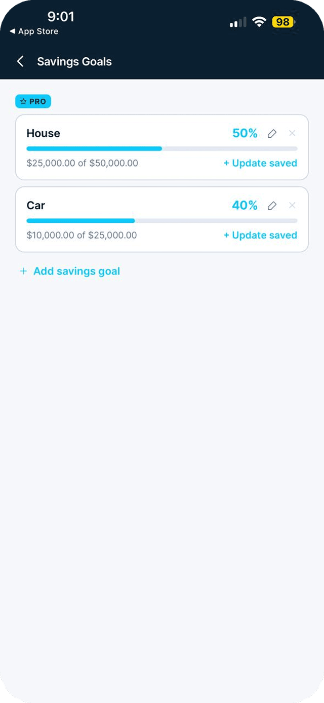 Seafarr app — step 3: Tap + Update saved whenever you put more aside.