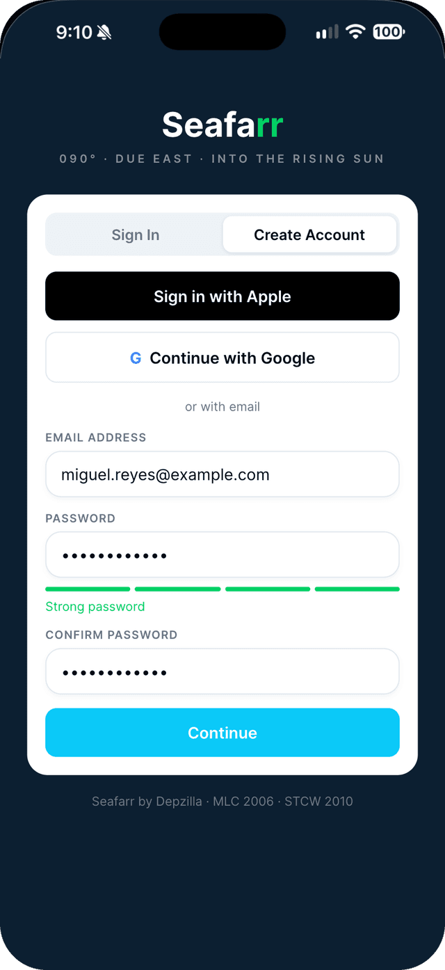 Seafarr app — step 2: Choose how to sign up.