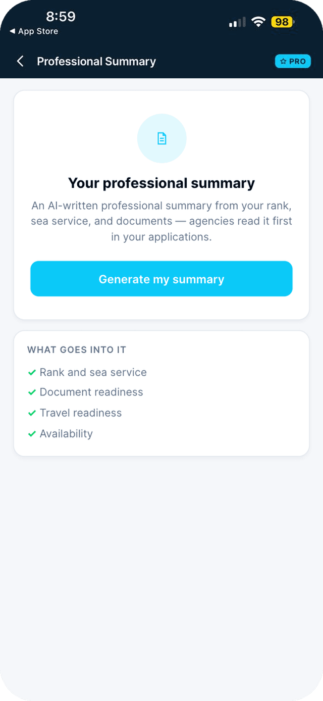 Seafarr app — step 2: Tap Generate my summary.
