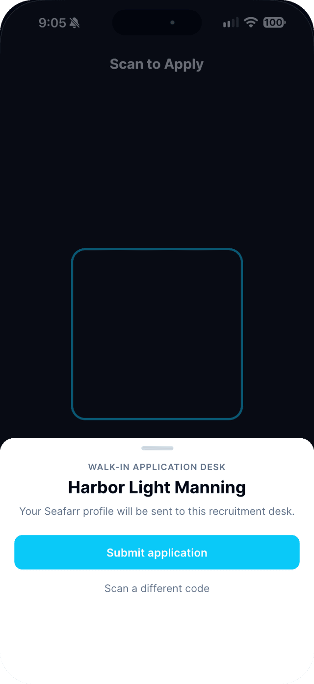 Seafarr app — step 3: Check the agency name and tap Submit application.