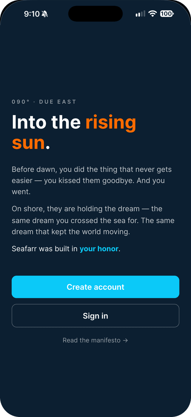 Seafarr app — step 1: Open Seafarr and tap Create account.